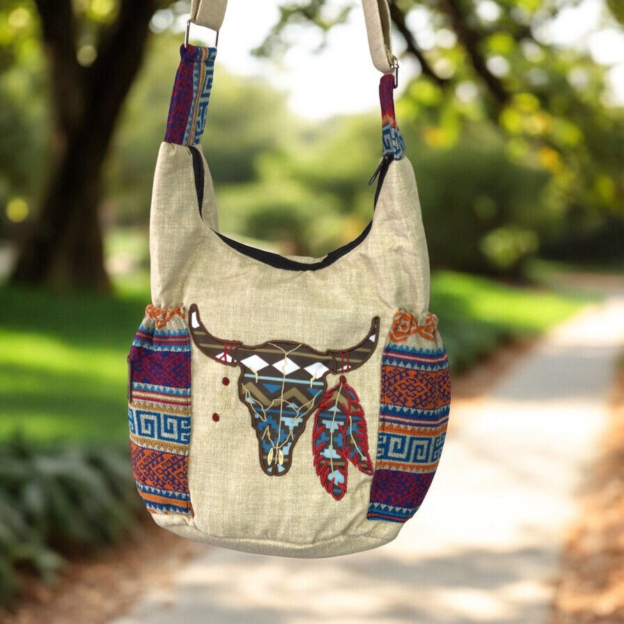 Buffalo Skull Embroidered Crossbody Bag