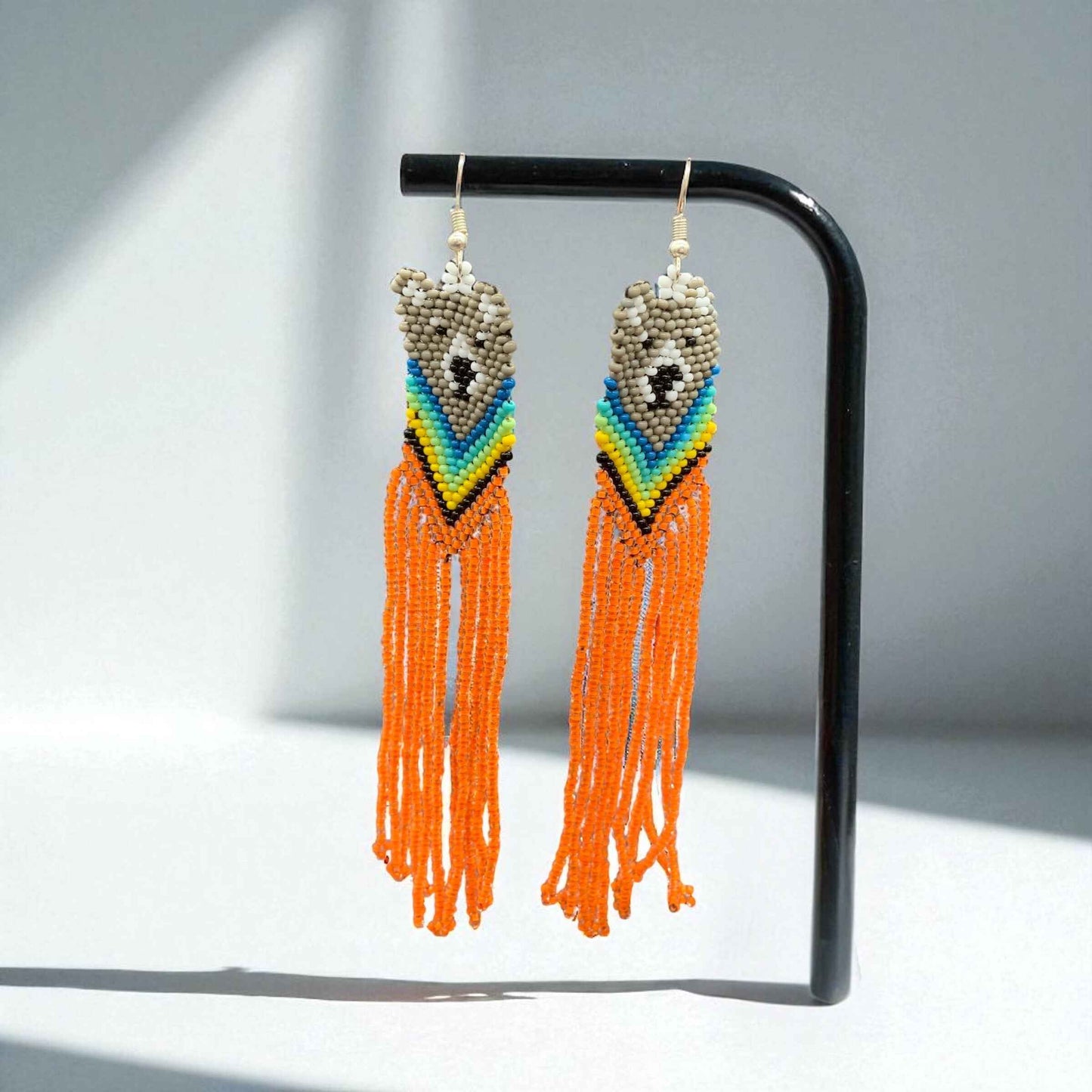 Grey Native Bear Beaded Earrings