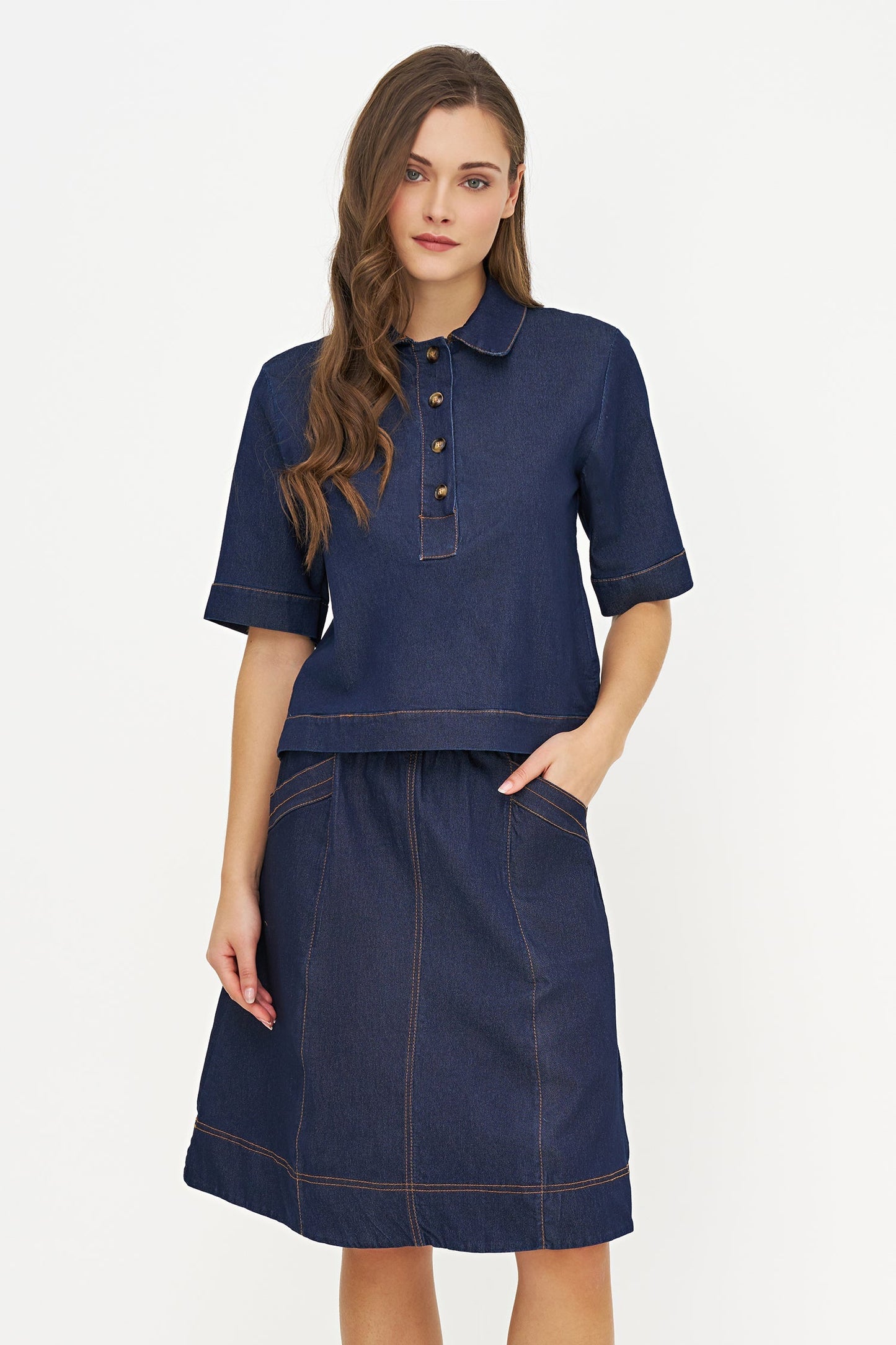Women's Woven Lt. Weight Denim Top, with a Partial Button-Down Placket, a Shirt Collar & Elbow Length Sleeves