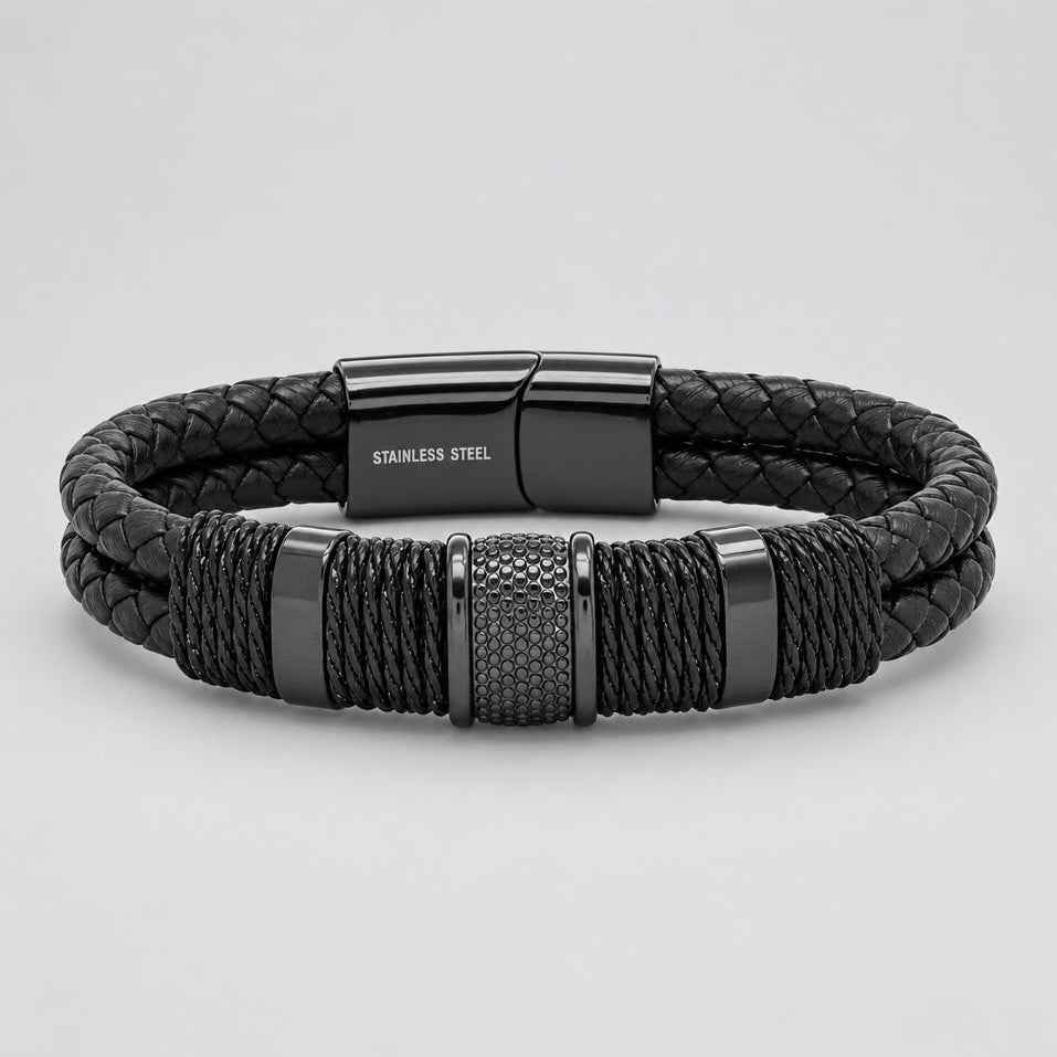 Men's Stealth Black Braided Leather & Stainless Steel Biker Bracelet