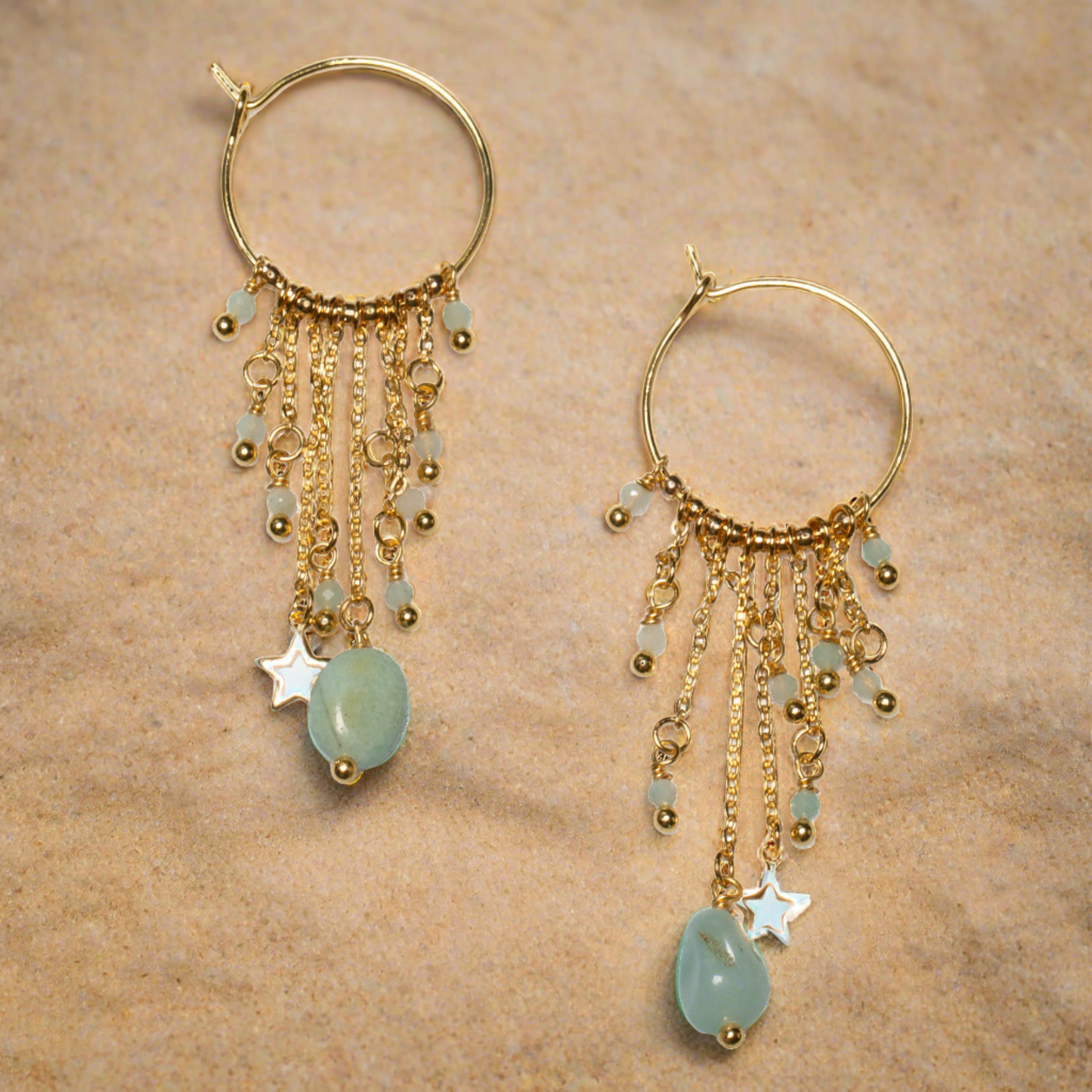 Amazonite & Glass Bead Hoop Chain Earring In Gold Plate