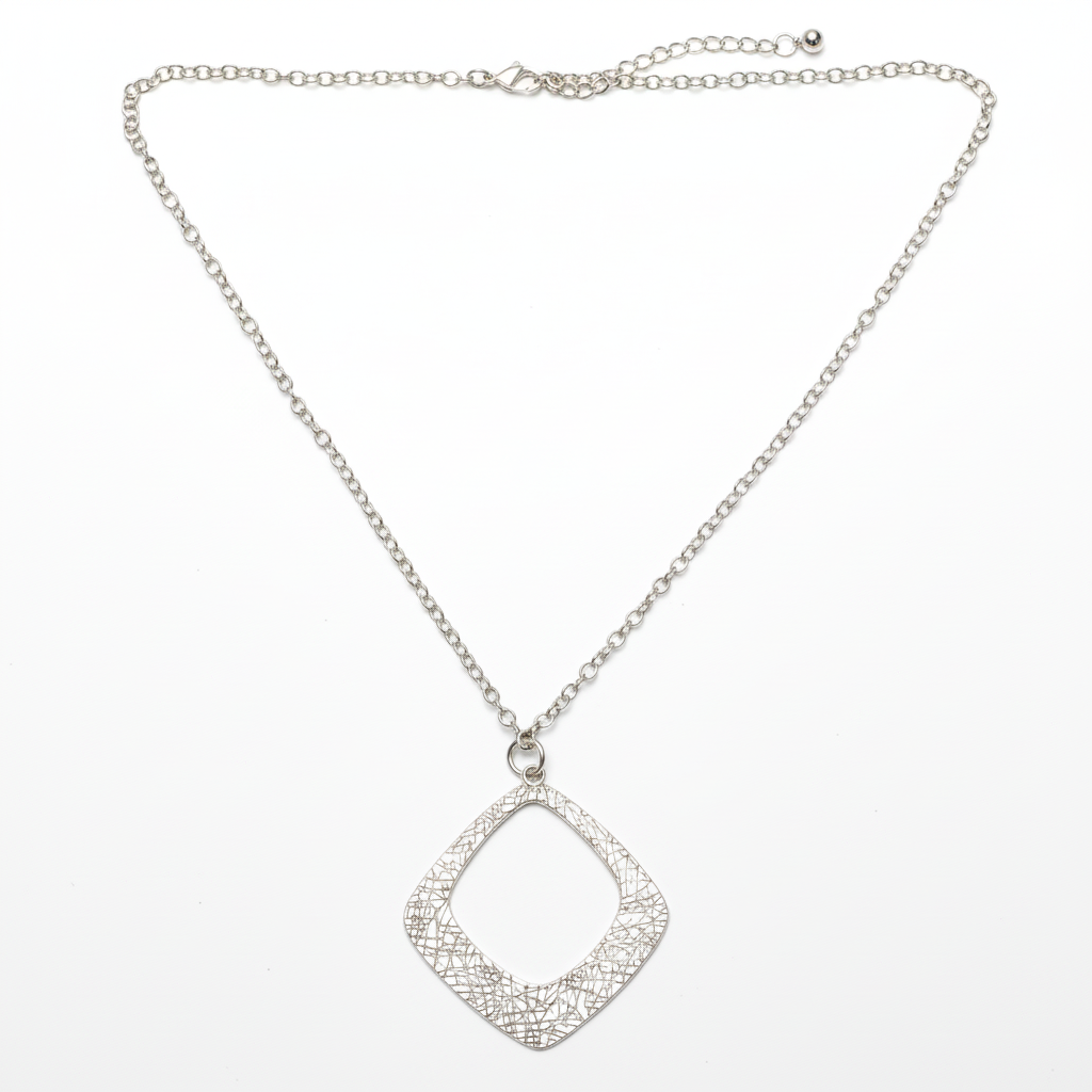 Textured Diamond Shaped Pendant On Simple Chain - Silver Plate