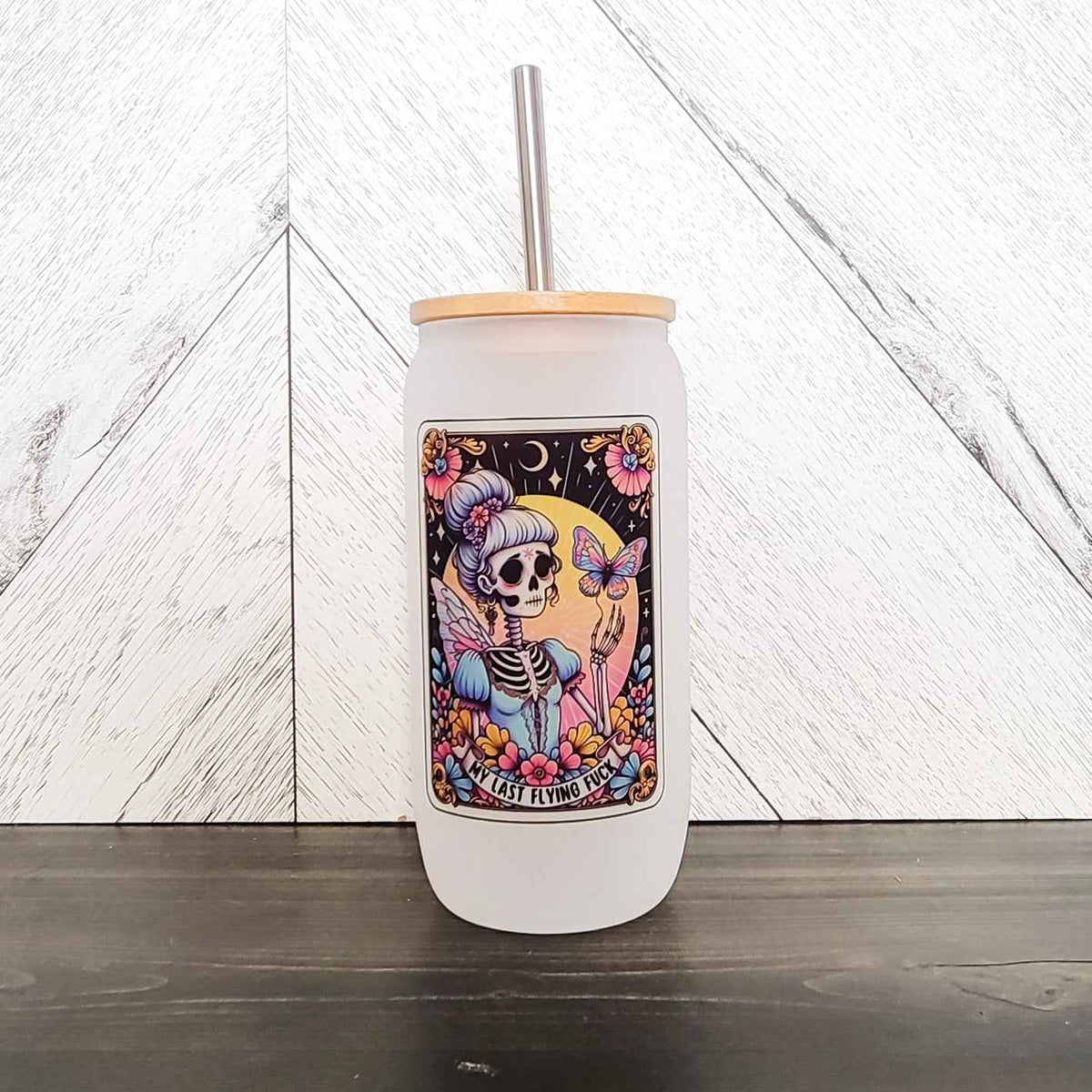My Last Flying Fuck Frosted Can with Bamboo Lid | Tarot Card Glass Can