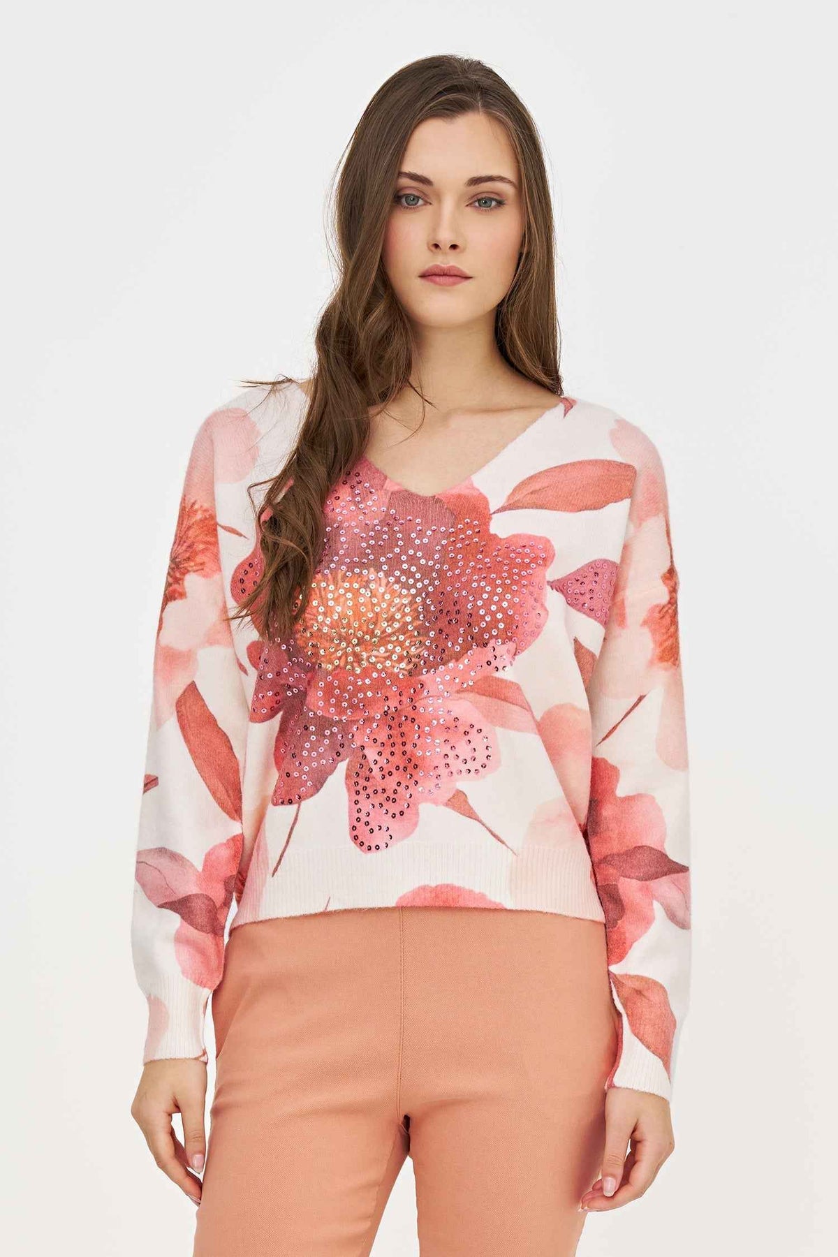 Women's Printed Knit V-Neck Sweater