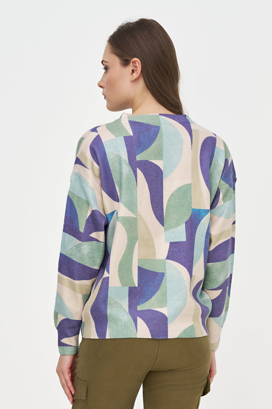 Women's Printed Knit Crew-Neck Sweater with Lurex Shimmer