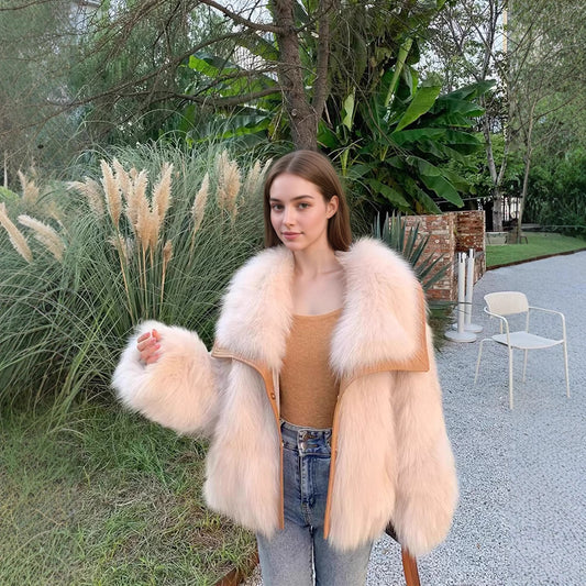Women’s Youth-Style Faux Fox Fur Coat – Soft Plush Warm Winter Jacket