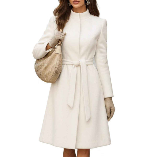 Women’s Slim-Fit Solid Color Wool Coat – Elegant Long Sleeve Winter Overcoat