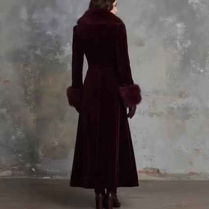Women’s Retro Fur-Trimmed Waist-Cinching Coat – Solid Color Single-Breasted Winter Jacket