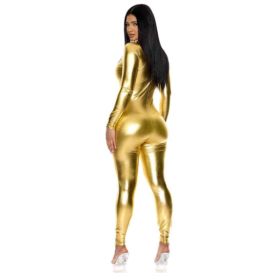Forplay Women's Hot Metallic Zip Front Mock Neck Catsuit Bodysuit - Halloween Adult Costume US, Gold, 1/2X