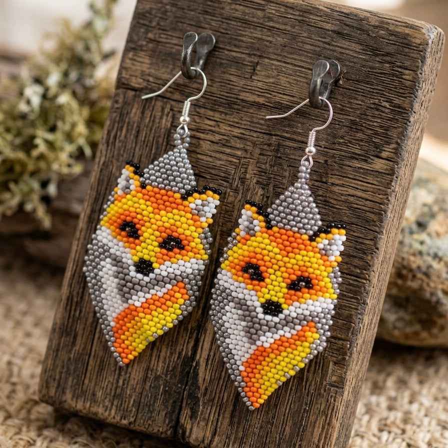 Fox Beaded Earrings (Grey)