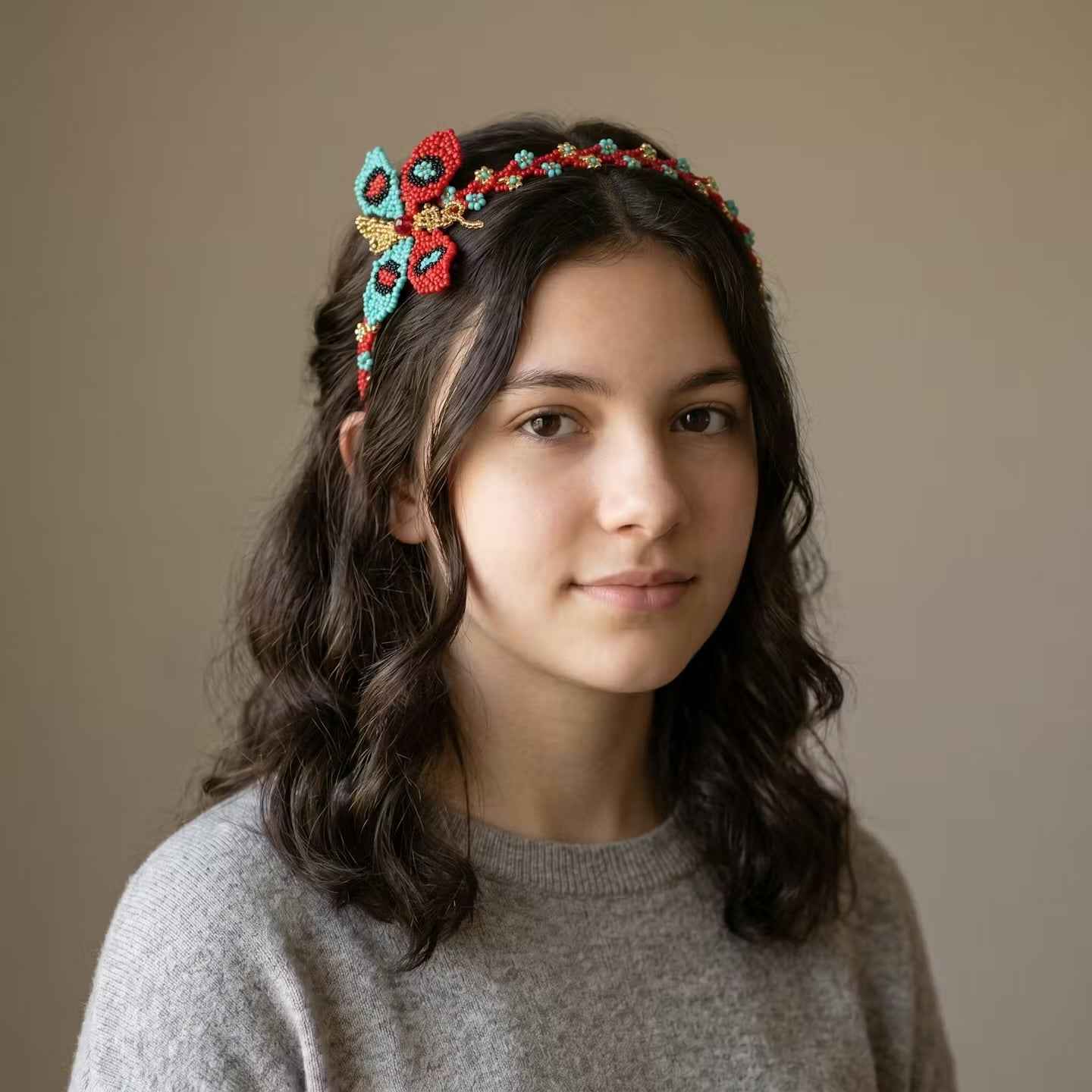 Beaded Headband with Butterfly Red