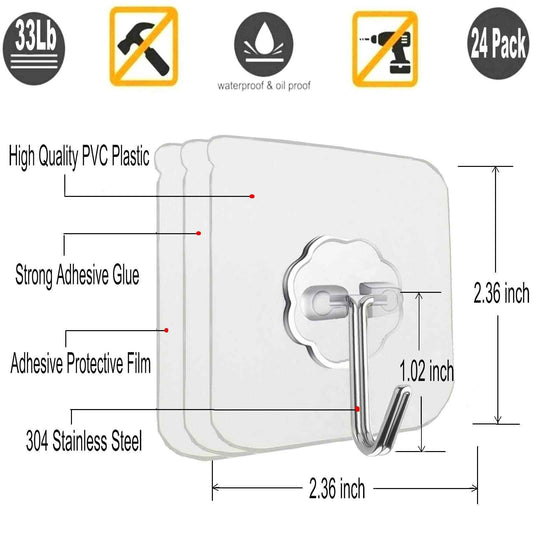 Jwxstore 24 Pack Wall Hooks for Hanging 33lb(Max) Heavy Duty Self Adhesive Hooks Transparent Waterproof Sticky Hooks for Keys Bathroom Shower Outdoor Kitchen Door Home Improvement Utility Hooks 🍁 All In One Marketplace Canada