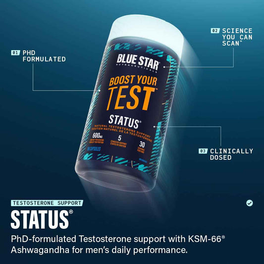 Blue Star Nutraceuticals Status - Natural Testosterone Support, Helps Increase Testosterone Levels & Muscle Strength, Clinically Researched Ingredients, 90 Veggie Caps, 30 Day Supply (NPN 80083809) 🍁 All In One Marketplace Canada