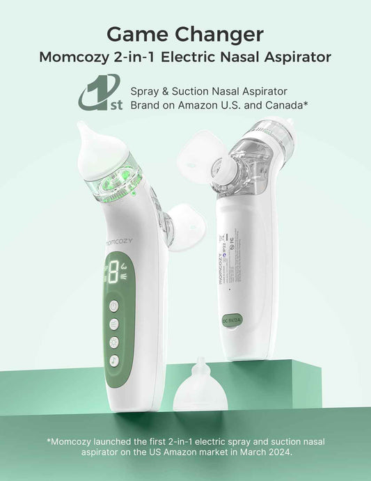Momcozy BreezyClear™ Spray and Suction 2-in-1 Electric Nasal Aspirator for Baby, 4 Adjustable Suction Levels up to 65kPa Hospital-Grade, Quiet & Portable Nose Cleaner with Soothing Light & Music 🍁 All In One Marketplace Canada