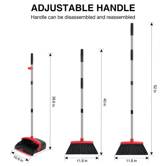Broom and Dustpan Set, 52-in Long Adjustable Handle Broom Dustpan Combo with Dustpan Teeth to Automatically Clean Hair Suitable for Home Kitchen Office Hall Floor(Black&Red) 🍁 All In One Marketplace Canada