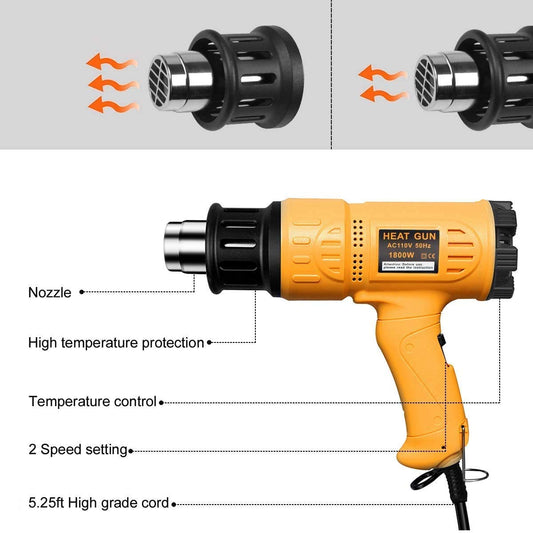 SEEKONE Heat Gun 1800W 122℉-1202℉(50℃- 650℃)Fast Heating Heavy Duty Hot Air Gun Kit Variable Temperature Control Overheat Protection with 4 Nozzles for Crafts, Shrinking PVC, Stripping Paint(5.2FT) 🍁 All In One Marketplace Canada