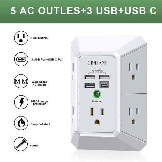 Wall Charger, Surge Protector, QINLIANF 5 Outlet Extender with 4 USB Charging Ports (4.8A Total) 3-Sided 1680J Power Strip Multi Plug Adapter Spaced for Home Travel Office (3U1C) 🍁 All In One Marketplace Canada