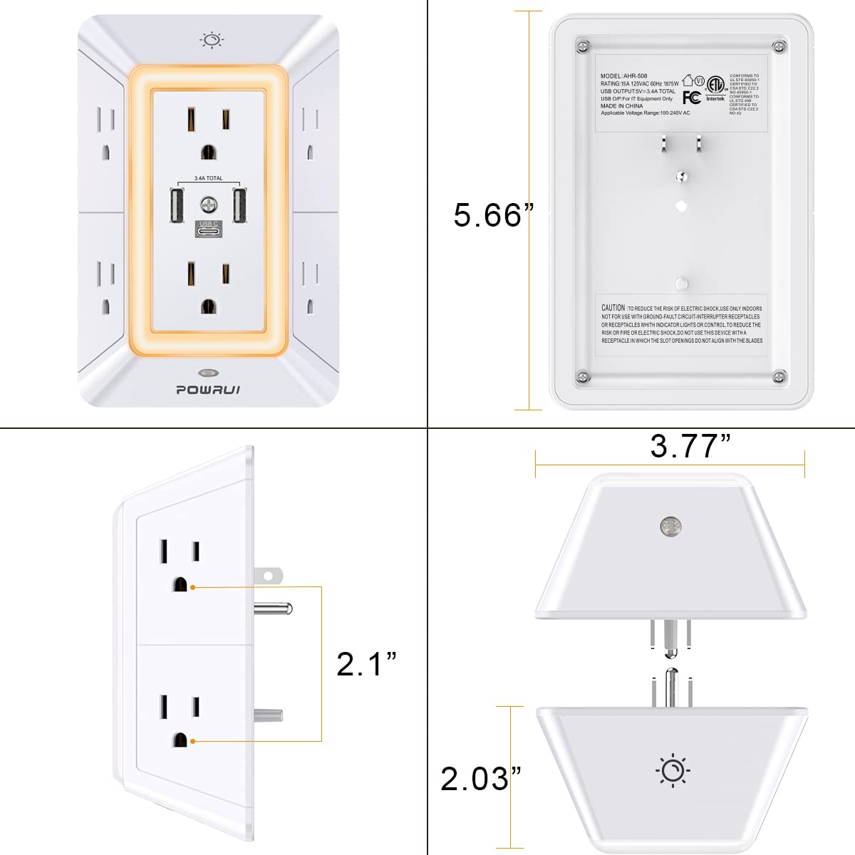 3-Sided Power Bars with Surge Protector, POWRUI 6-Outlet Extender with 3 USB Ports (1 USB C) and Night Light, Multi Plug Outlet and Spaced Outlets Adapter, ETL, White đ All In One Marketplace Canada