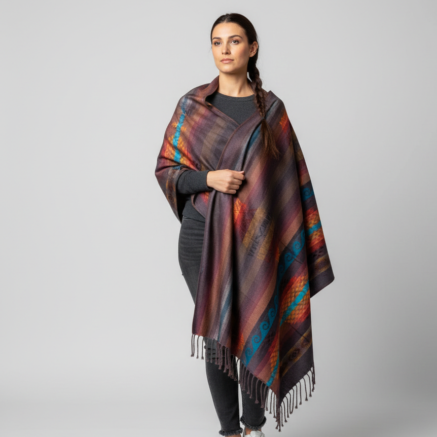 Hand woven Red and Brown Reversible shawl