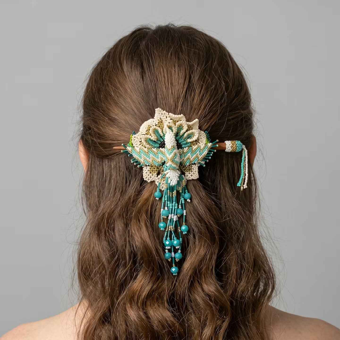 Maple Blossom Hummingbird Beaded Hair Stick Barrette Turquoise