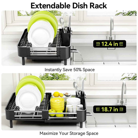 Urackify Extendable Dish Drying Rack, Dual Part Dish Drainers with Non-Scratch and Movable Cutlery Drainer and Drainage Spout, Adjustable Dish Rack for Kitchen,Black 🍁 All In One Marketplace Canada