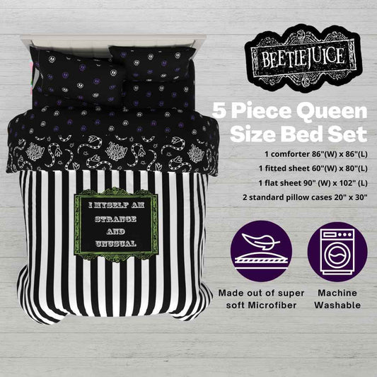 Franco Collectibles Beetlejuice Halloween Striped Bedding 5 Piece Super Soft Reversible Comforter and Sheet Set, Queen, (Officially Licensed Product)