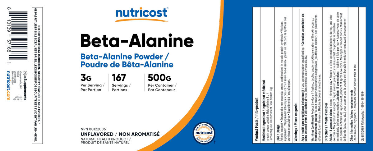Nutricost Beta Alanine Powder (500 Grams) Unflavored - Pre-Workout Supplement, Non-GMO, Gluten-Free đ All In One Marketplace Canada