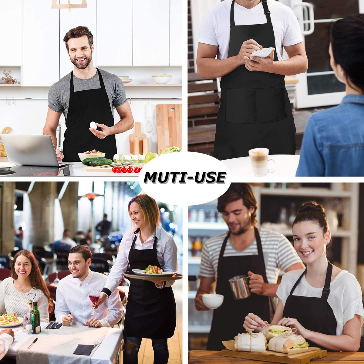 4 Packs Chef Apron, Black Waterproof Apron, Adjustable Apron with 2 Pockets for Men Women, Professional Apron for Kitchen Cooking Gardening Painting Baking Restaurant (Black) 🍁 All In One Marketplace Canada