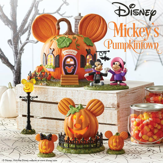 Department 56 Disney Village Halloween Accessories Pumpkintown Mickey Mouse Town Center Lit Figurine, 4 Inch, Multicolor
