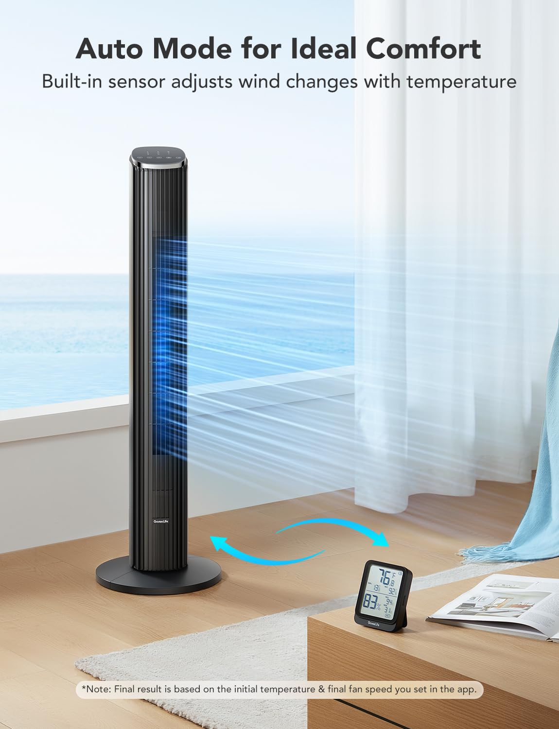 GoveeLife Black Tower Fan for Bedroom, 36" Smart Floor Fan with App/Voice Control, Temperature Sensor, 5 Modes 8 Speeds(25ft/s), 29dB Quiet Oscillating Fan for Office, 24H Timer, Auto Cooling đ All In One Marketplace Canada