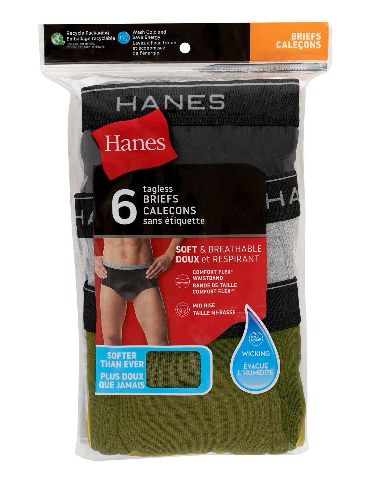 Hanes Mens 6-pack Exposed Waistband Mid-rise Briefs-underwear, White/Black, Medium US 🍁 All In One Marketplace Canada