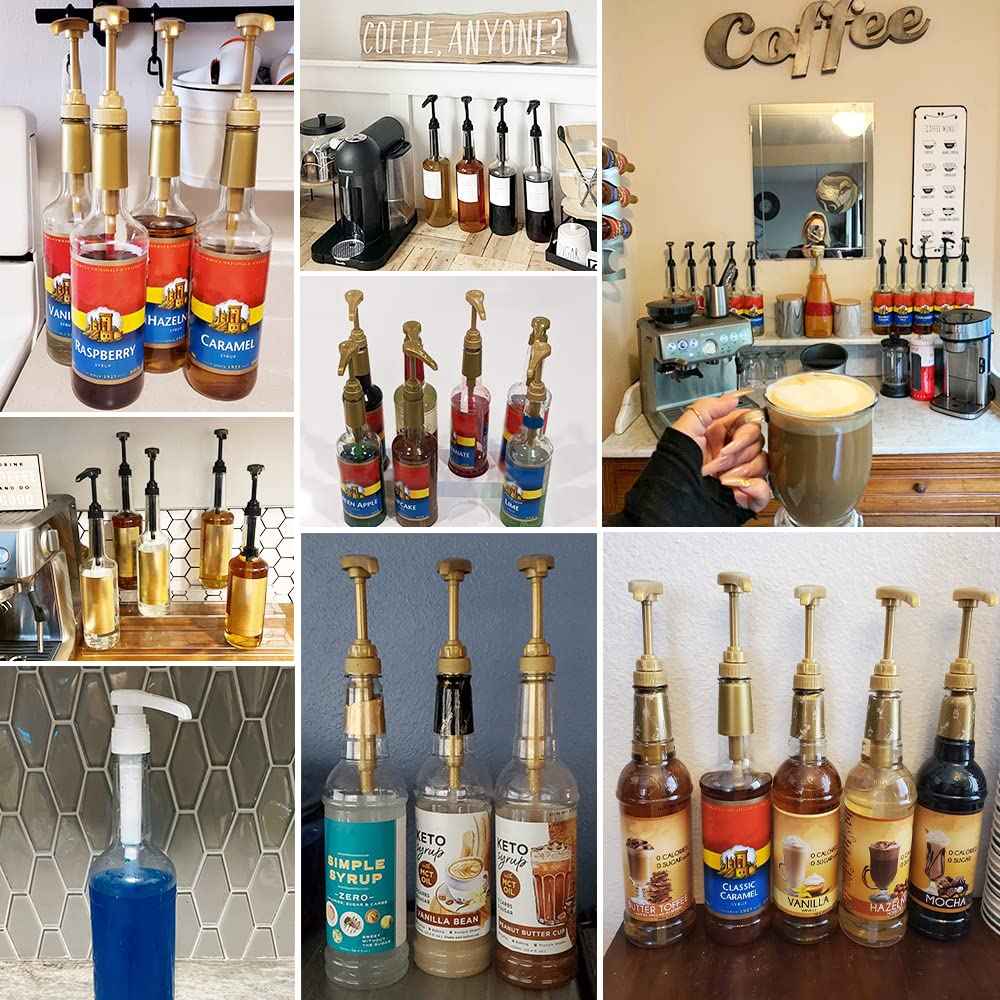 8 Pack Gold Coffee Syrup Pump Dispenser, Compatible with 25.4 Oz/750ml Bottles, Great for Home & Coffee Bar Drinking Mixes, Tea, Beverage, Cocktails, Plus Spoons đ All In One Marketplace Canada