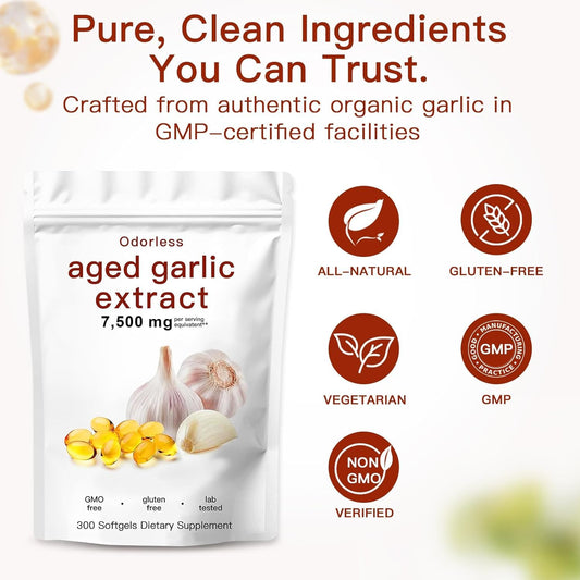 Aged Garlic Extract Capsules 7500mg Odorless – 300 Count Aged Garlic Supplement for Immune Support,Organic, Non-GMO, Vegetarian Softgels(1 PCS) 🍁 All In One Marketplace Canada