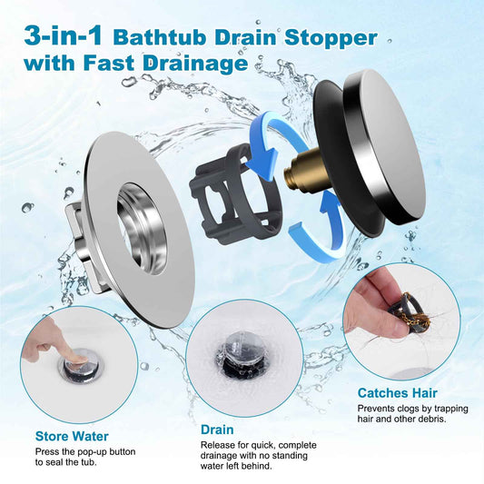 Hibbent 3 in 1 Metal Bathtub Drain Stopper, Universal Pop Up Tub Stopper, Bathtub Drain Hair Catcher, Removable Filter Basket, Anti-Clogging Drain Plug for 1.5''~2.4'' Drain, Brass Bullet Core, Chrome 🍁 All In One Marketplace Canada