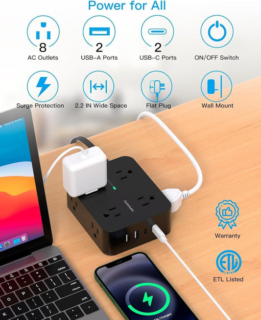 Power Bar Surge Protector, 5 Ft Flat Plug Exetnsion Cord with Multiple Outlets, Power Strip with 4 USB Ports(2 USB C), Wall Mount for Home Office College Dorm Room Essentials, ETI Listed, Black 🍁 All In One Marketplace Canada