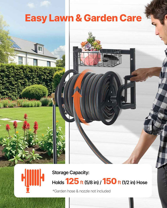 VEVOR Wall Mounted Garden Hose Reel, Holds 125 ft 5/8-inch Hose, Heavy-Duty Water Hose Winder, Space-Saving Design, Outdoor Manual Reel with Brass Fitting and Storage Basket for Yard Lawn 🍁 All In One Marketplace Canada