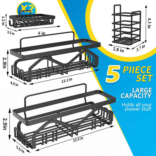Coraje Adhesive Shower Caddy, 5-Pack Shower Shelves, Large Capacity Load Bearing 40 LBS Shower Organizer, No Drilling Shower Shelf, Rustproof Stainless Steel Bathroom Shower Storage, Black 🍁 All In One Marketplace Canada