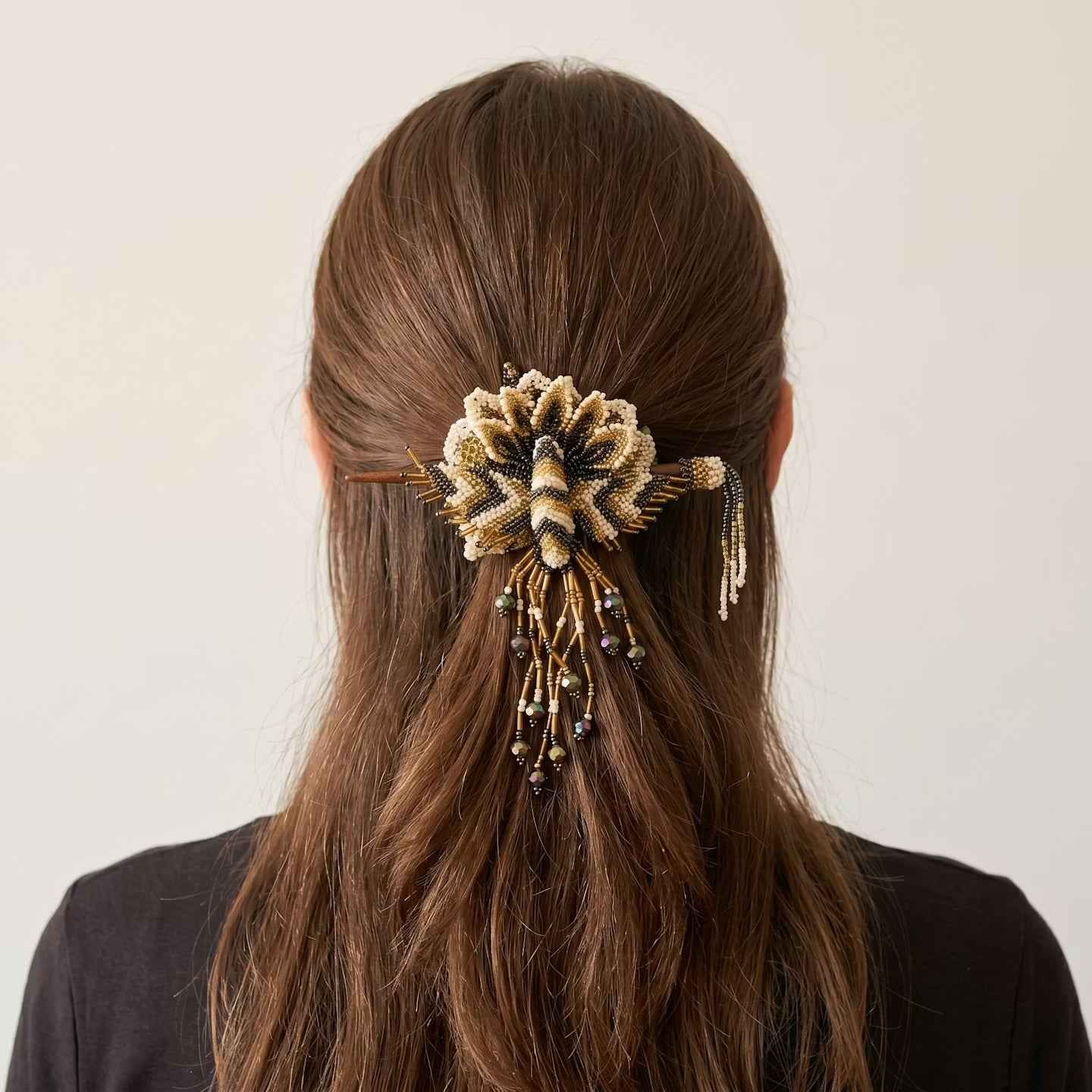 Maple Blossom Hummingbird Beaded Hair Stick Barrette White