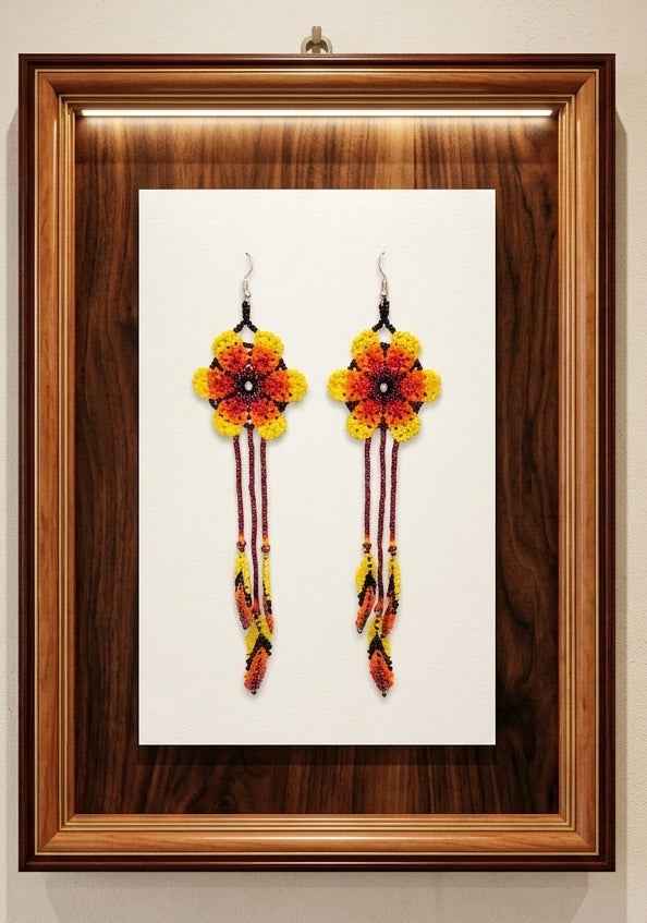 Sun Feather Bloom Beaded Earrings- yellow/orange