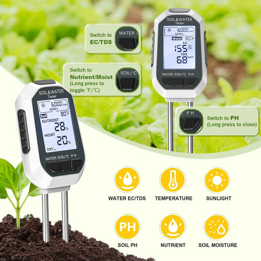7-in-1 Soil&Water Meter Digital Plant Temperature/Soil Moisture/PH Meter/Sunlight Intensity/Fertility/EC/TDS Backlight LCD Display Soil Test Meter TDS EC Meter for Garden Indoor Outdoor 🍁 All In One Marketplace Canada