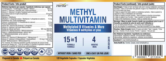 Herba Methylated Multivitamin with 500mg TMG & Methylated B Complex - 120 Capsules | 15 in 1 Formula | B Complex Vitamins for Women & Men including Methyl Folate Supplement | Vegan | Made in Canada 🍁 All In One Marketplace Canada