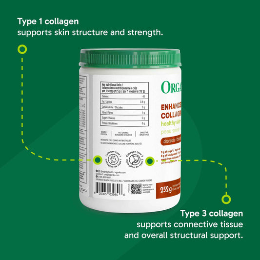 Organika Canadian-Made Chocolate Enhanced Collagen Powder, Grass-Fed with Real Cocoa, Sugar-Free, Healthy Hair, Skin, Nails, Joints, 252 G 🍁 All In One Marketplace Canada