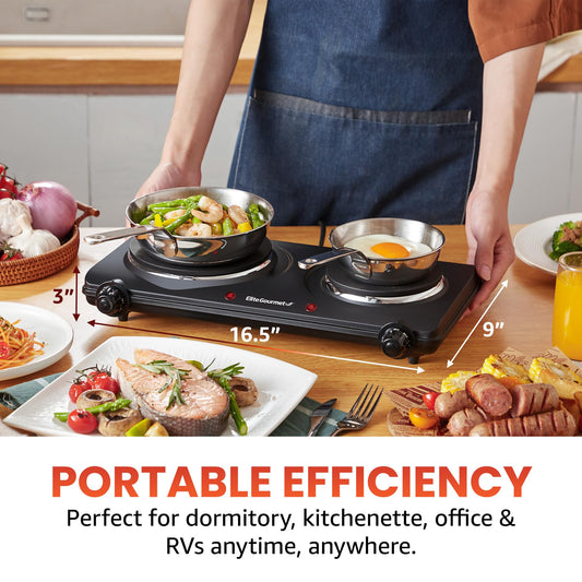 Elite Gourmet EDB-302BF# Countertop Double Cast Iron Burner, 1500 Watts Electric Hot Plate, Temperature Controls, Power Indicator Lights, Easy to Clean, Black 🍁 All In One Marketplace Canada