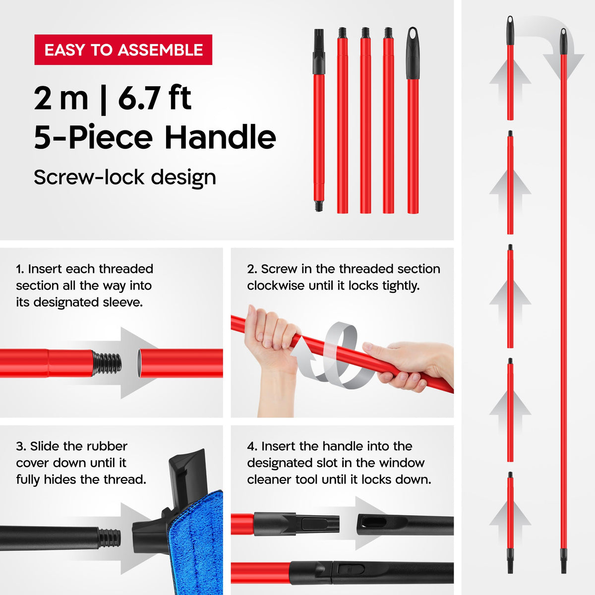 Tyroler 2-in-1 High Window Cleaning Tool | Window Squeegee Extendable with 30-205CM 5 Part Handle | Perfect Window Cleaning & Washing Kit (Black - Rubber) đ All In One Marketplace Canada