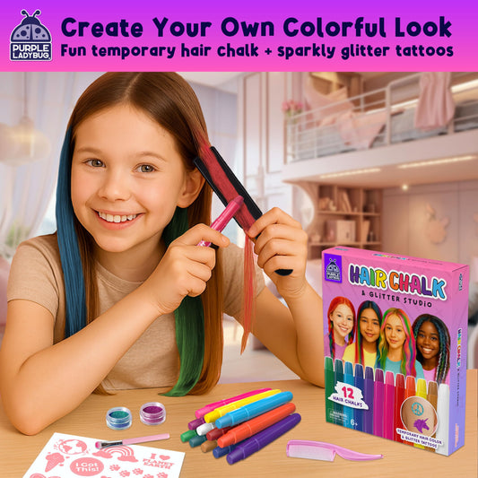 PURPLE LADYBUG Hair Chalk for Kids - 12 Safe Vibrant Temporary Hair Color for Kids - Girls Gifts 8-12 Years, 6 7 8 9 10 Year Old Girl Gift Idea - Tween & Teen Girl Gifts 🍁 All In One Marketplace Canada