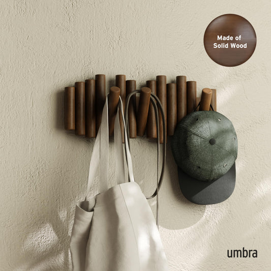 Umbra Picket Wall-Mounted Coat Rack Rail Hook with 5 Retractable Wood Pegs – Modern, Space-Saving Storage Organizer, Walnut 🍁 All In One Marketplace Canada