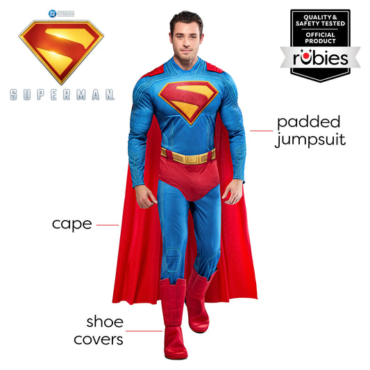 Rubies Men's Superman Deluxe Costume Jumpsuit with Shoe Covers and Cape, for Halloween and Themed Parties, X-Large