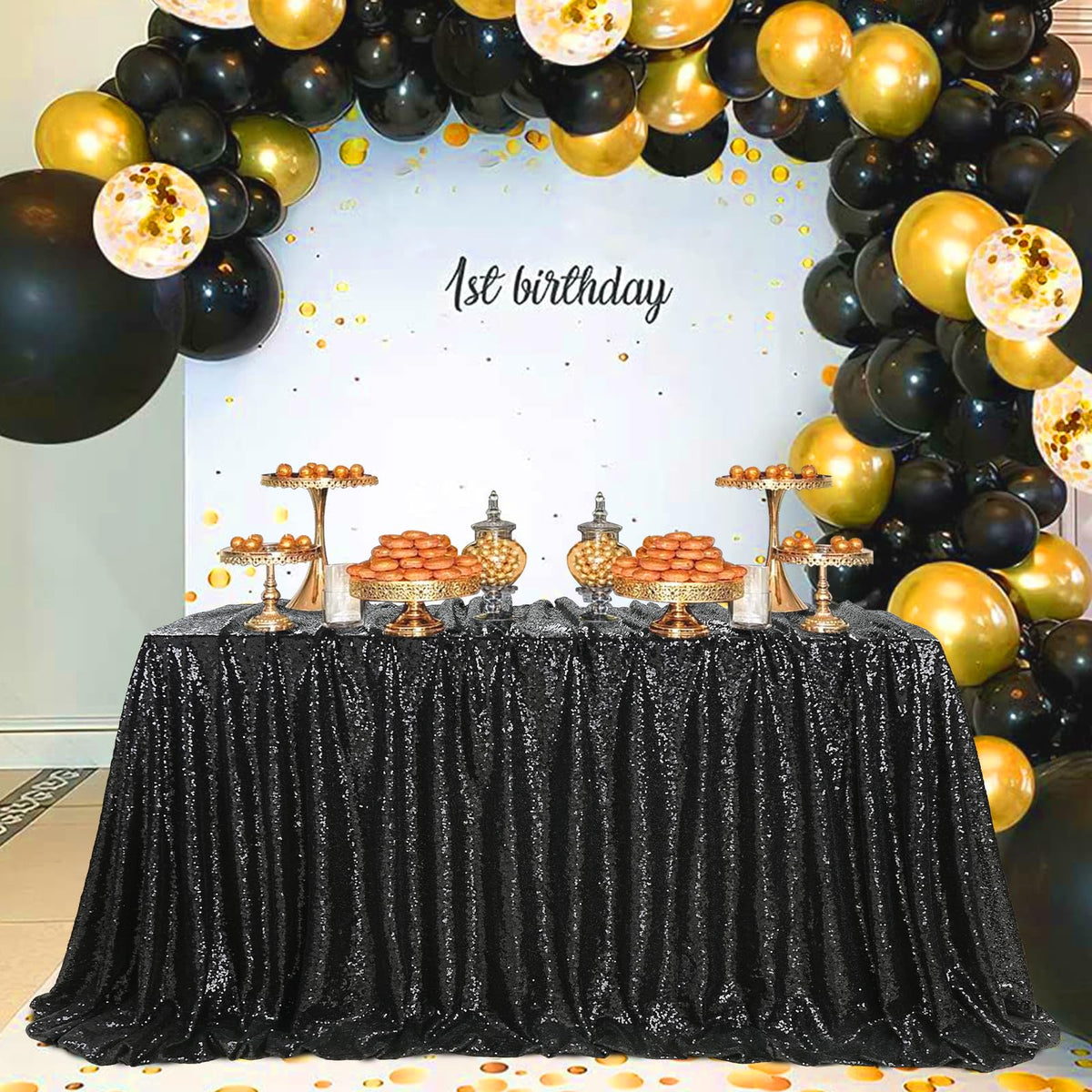 SoarDream Black Sequin Tablecloth 90x156 Inch Rectangle Wedding Tablecloth for Birthday Baby Shower Graduation Indoor Outdoor Halloween Party Table Decorations