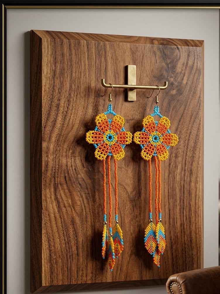 Sun Feather Bloom Beaded Earrings- orange/celest