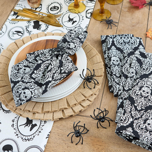 DII Halloween Party Tabletop Decor, Reusable & Machine Washable Cotton Fabric, Napkin Set, 20x20, Black Skull Damask, 6 Piece